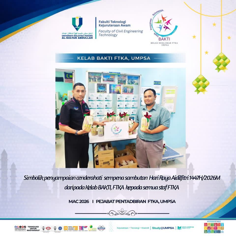 Satu sesi simbolik penyampaian cenderahati telah diadakan bertempat di Pejabat Pentadbiran FTKA pada 10 Mac 2026. Sumbangan ikhlas ini hasil gabungan murni daripada pihak pengurusan FTKA dan Kelab BAKTI FTKA buat semua warga kerja FTKA